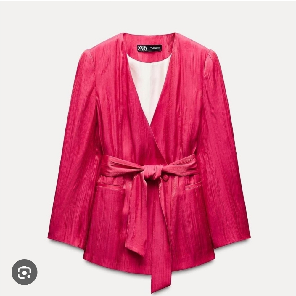 NWT Zara Fuchsia Pink Wrinkle Effect Satin Belted Wrap Blazer Jacket Large